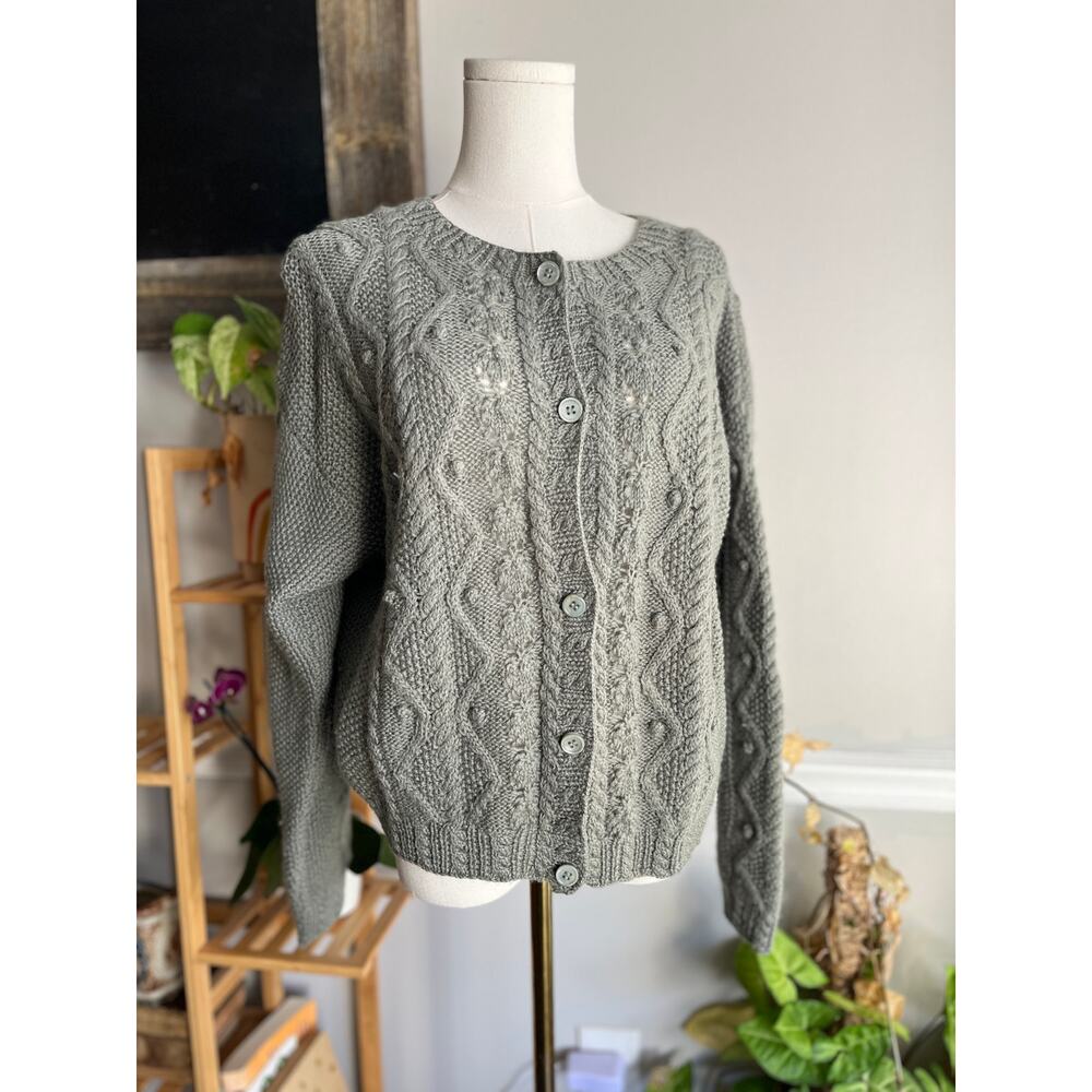 Vintage 90s Sage Green Wool Fisherman Cardigan Sweater Size Large